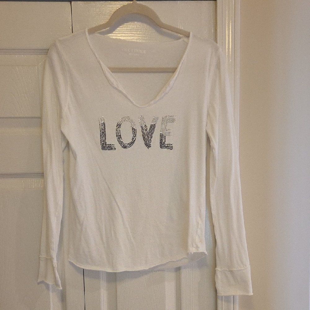 Zadig & Voltaire White V-Neck Long Sleeve Top with Silver 'LOVE' Graphic